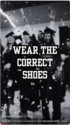 TikTok video guide to what shoes to wear to graduation. A still shot from the video, showing graduates, and the text: Wear the Correct Shoes.