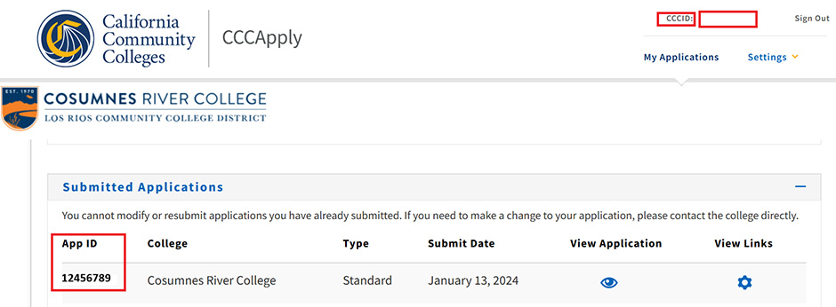 Example of where to find CCID and application confirmation number; the CCID will be displayed at the top of the screen near the right corner; to find the App ID, first expand the Submitted Application tab; App ID is located in the first column in the same row as the college name.