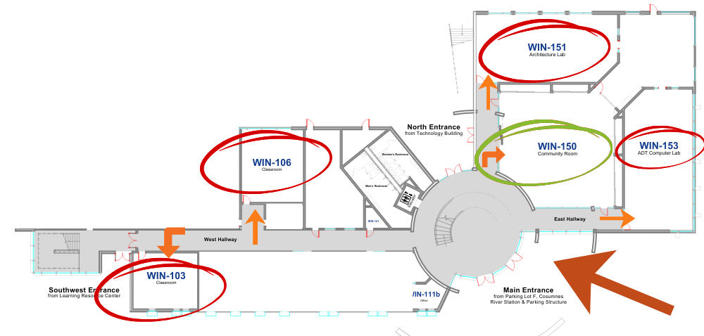 Winn Center Interior Map, first floor. From the main entrance: WIN-103 is on the left side of the west (left) hallway; WIN-106 is on the right side of the left hallway; WIN-150 and 151 are straight ahead on the right; and WIN-153 is the computer lab, down the east (right) hallway.
