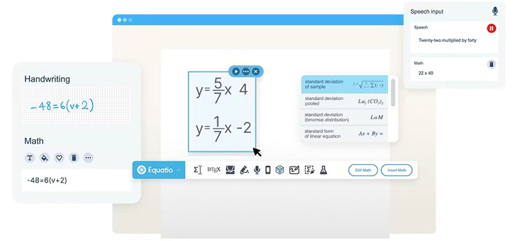 A screenshot from Equatio, showing math formulas translated from handwriting into screen text