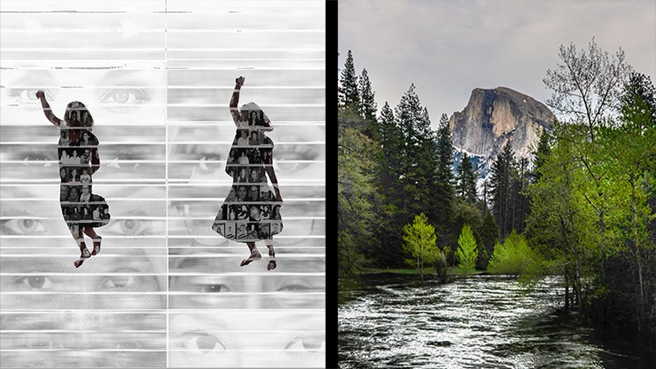 Images by Patty Felkner and Jim West; a black and white collage of dancing figures and eyes; a landscape photo of Half Dome in Yosemite