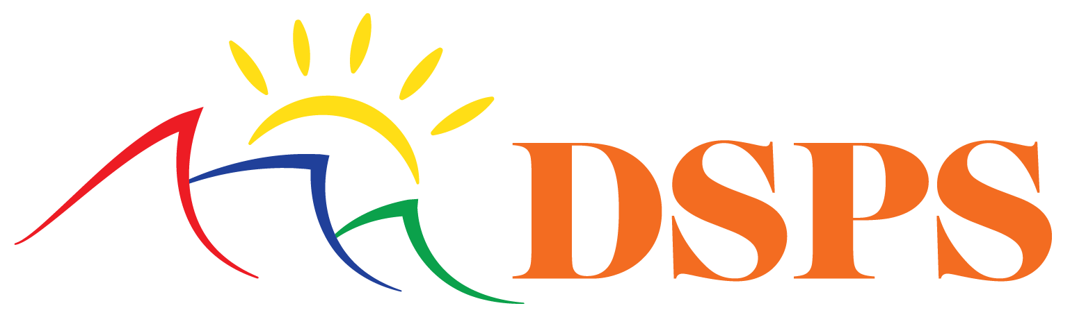DSPS in orange letters, colorful mountains, a sun