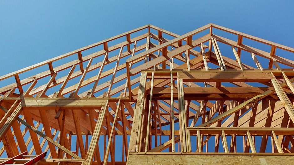 Wood framing of a house under construction.