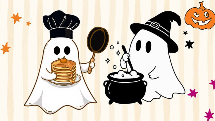 A drawing of two cute Halloween ghosts making pancakes