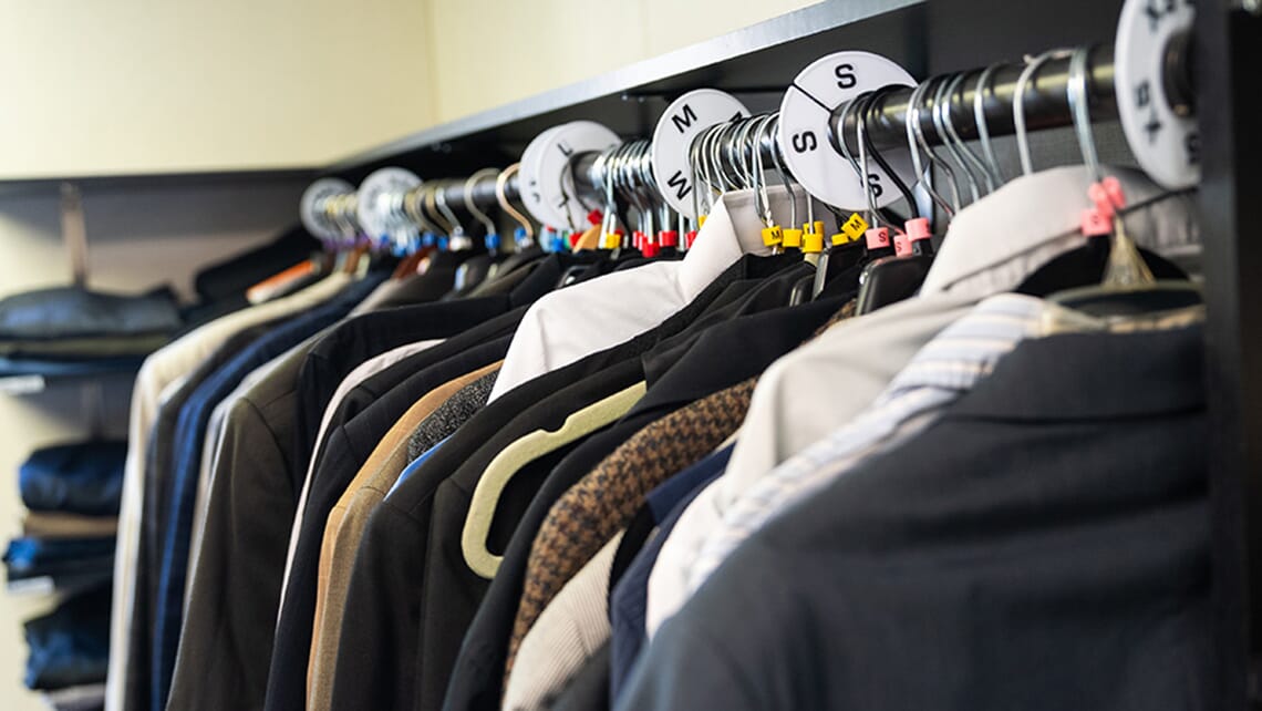 A clothing rack inside the Hawk CARES Center