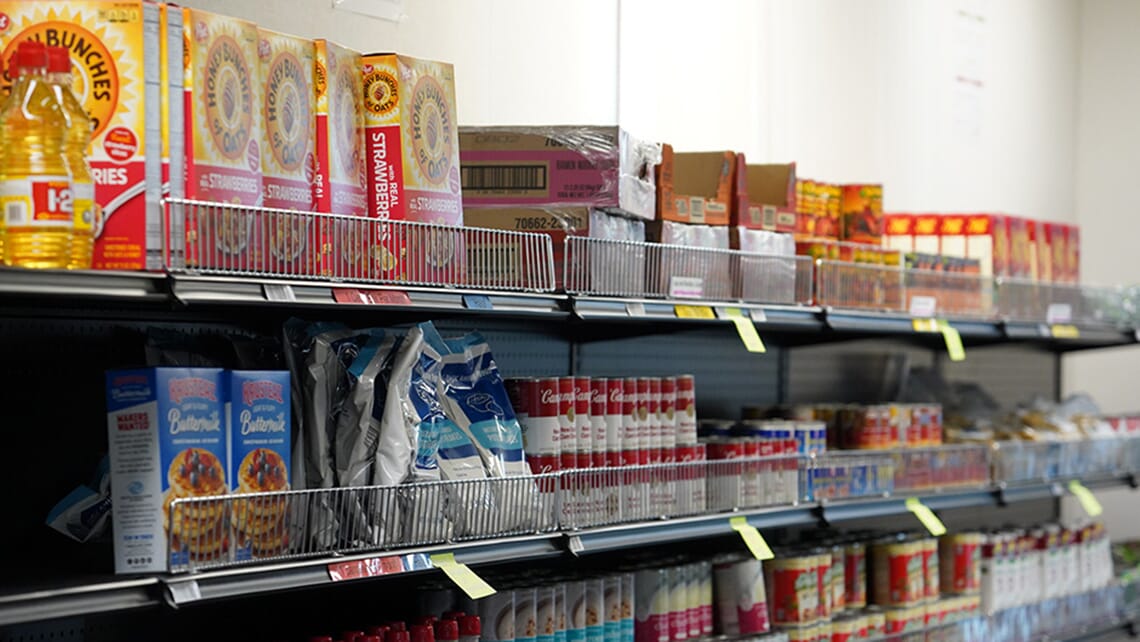 Shelves of groceries inside the Hawk CARES Center