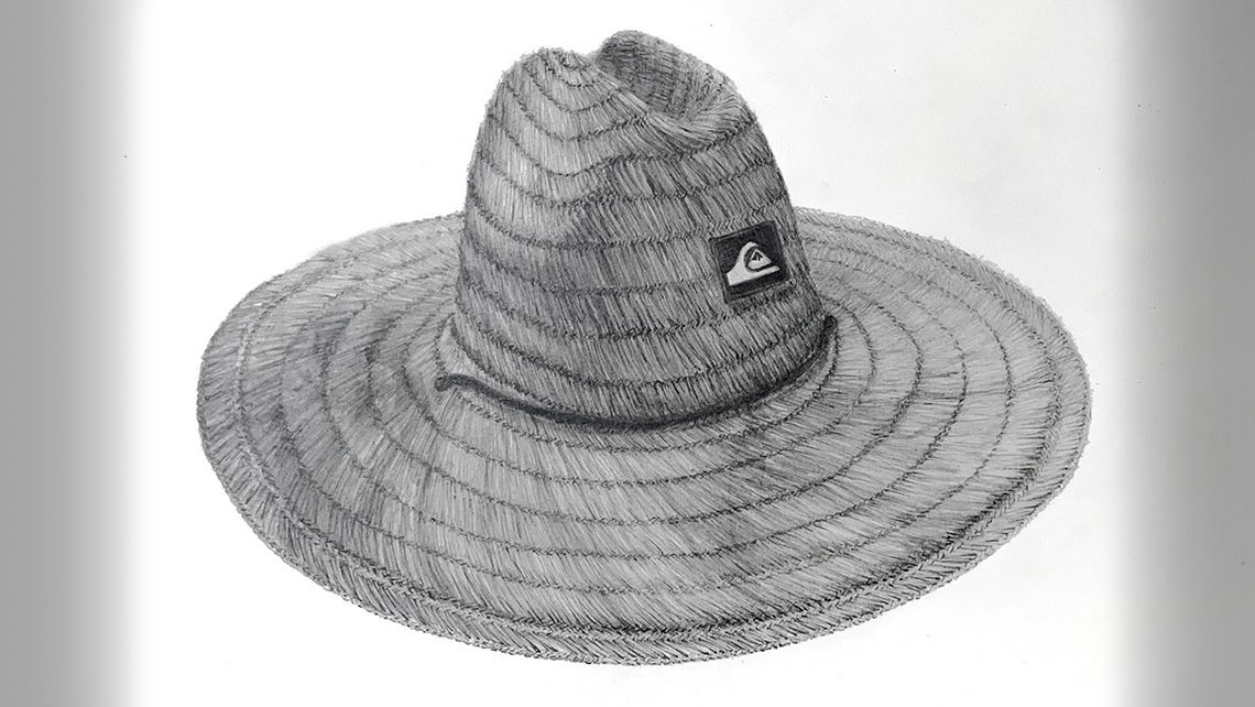 A black and white pencil drawing of a straw hat