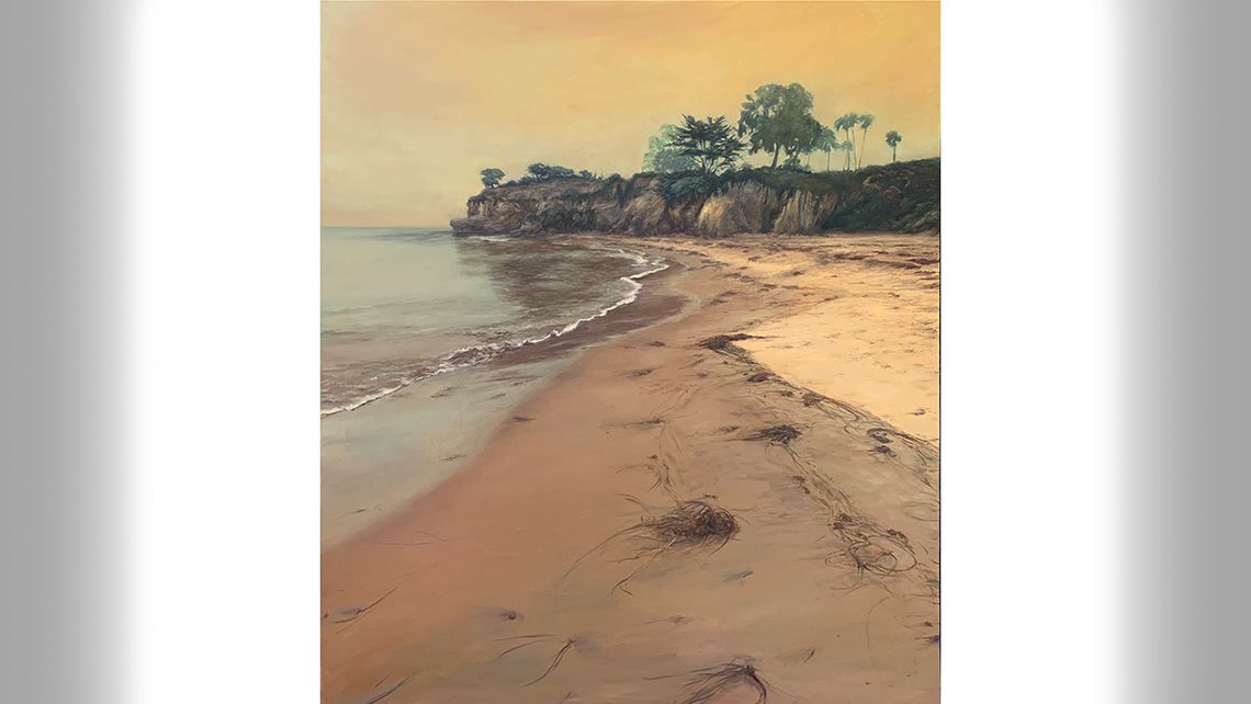 A painting of a cliff with trees over a sandy beach