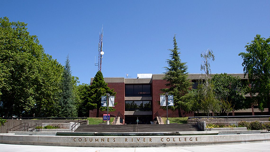 The fountain view of CRC's Library building.