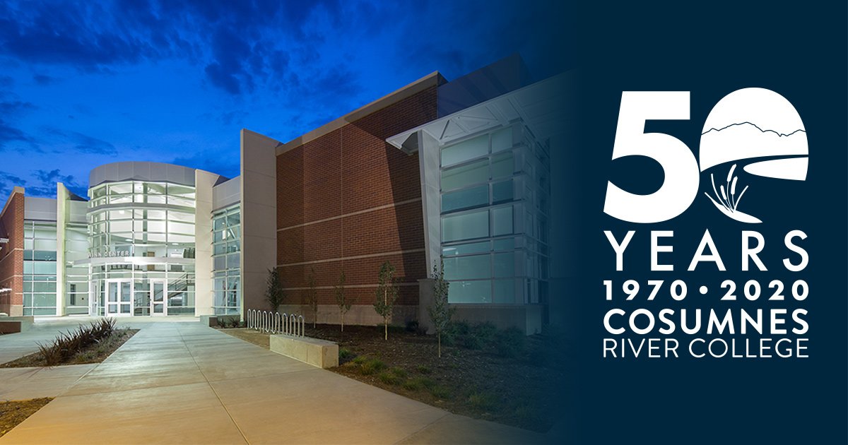 Outside of the Winn Center at night, 50 years, 1970 to 2020, Cosumnes River College