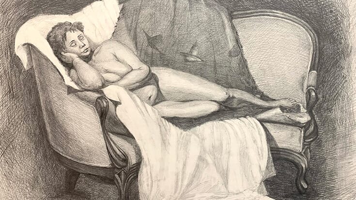 A woman reclining nude on a sofa