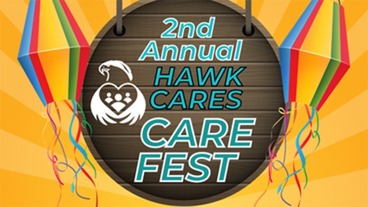 A graphic of party streamers and a sign with the text 2nd Annual HAWK CARES CARE FEST