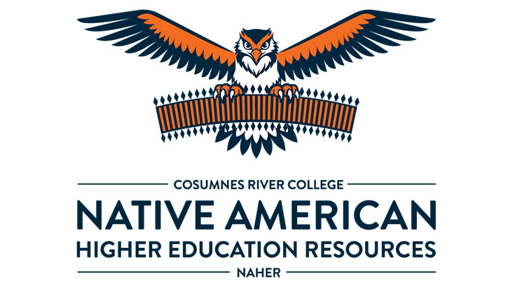 A hawk spreading its wings over the text Cosumnes River College Native American Higher Education Resources NAHER