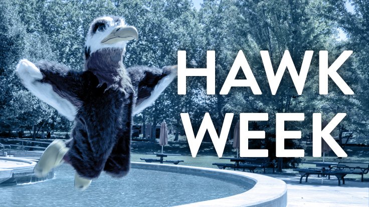 The Hawk mascot jumping for joy near the CRC fountain