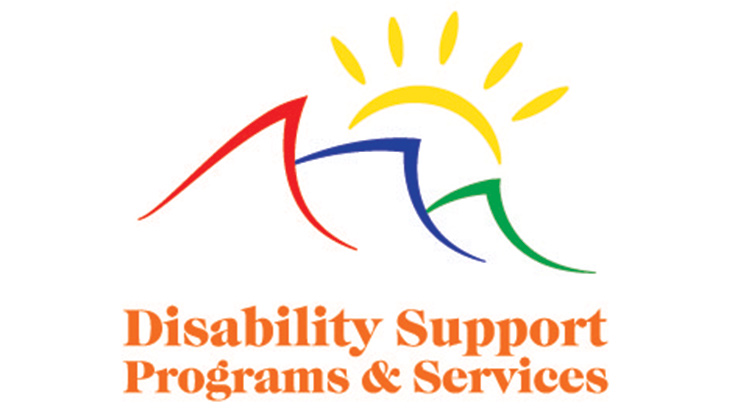 Three abstract mountains in red, blue, and green, a yellow sun, Disability Support Programs and Services