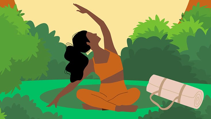 A cartoon illustration of a woman stretching on the grass with a yoga mat nearby