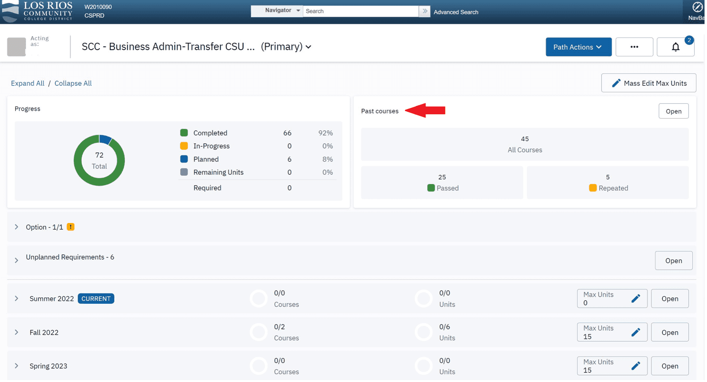 Screenshot of Degree Planner with past courses highlighted