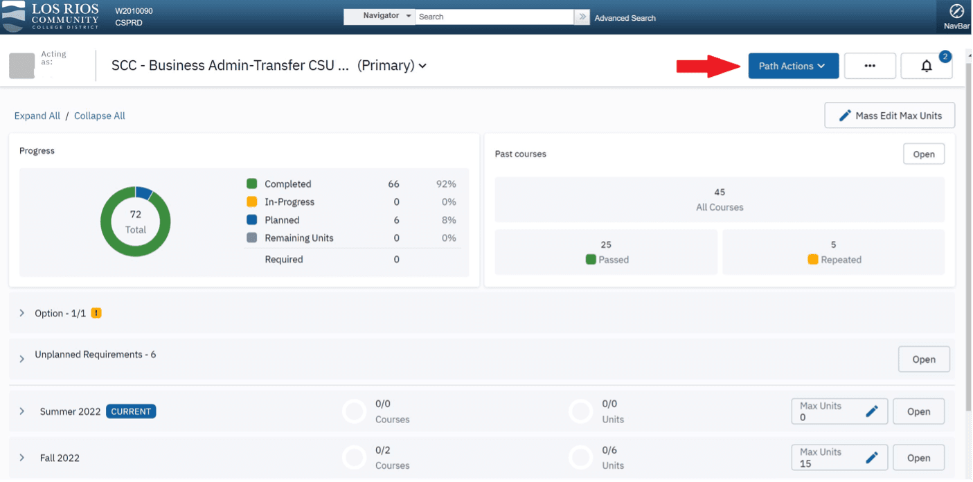 Screenshot of Degree Planner with Path Actions highlighted