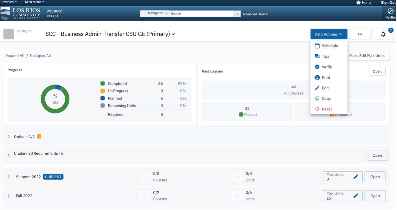 Screenshot of Degree Planner with Print Action displayed