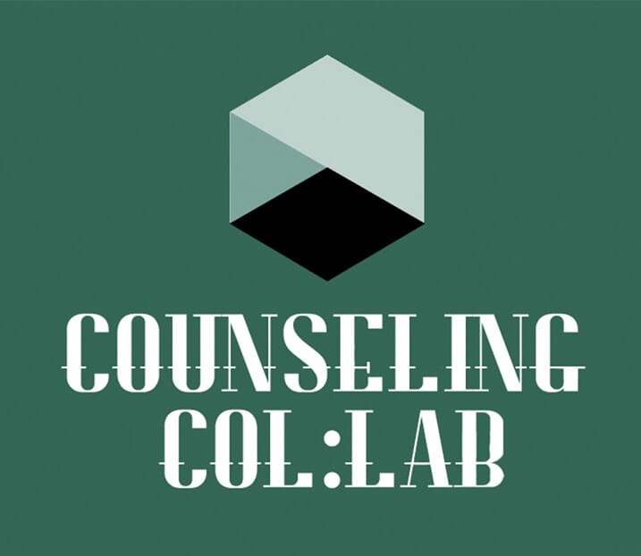 Counseling Collab logo of a green and grey hexagon shape with the words Counseling Col:Lab