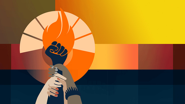 A graphic showing arms holding up a torch on a yellow, black, orange, and brown background