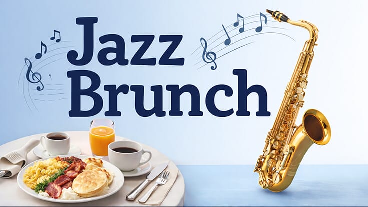 A plate of brunch food next to a saxophone, music notes, and the words Jazz Brunch