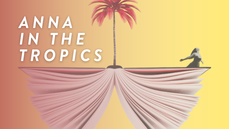 A splayed book, a palm tree, a woman, and the words Anna in the Tropics