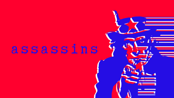 A red background with a blue Uncle Sam graphic in motion with the word Assassins