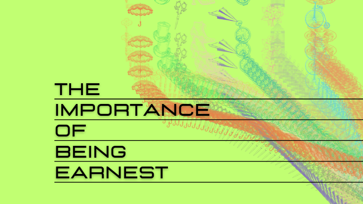 A bright green background with blurred images of umbrellas, paper airplanes and the words The Importance of Being Earnest