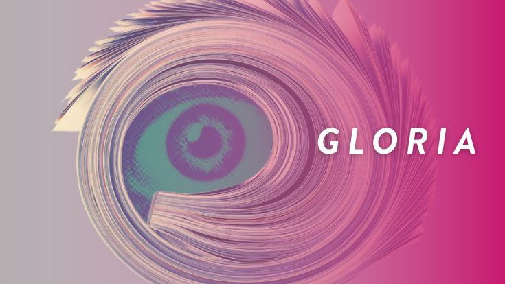 A book curled around an eyeball and the word Gloria