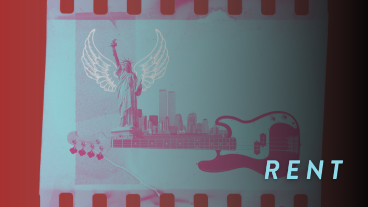 The Statue of Liberty wearing angel wings, a guitar, the New York City skyline, and the word Rent