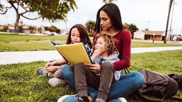 A mom reading to her two children outside