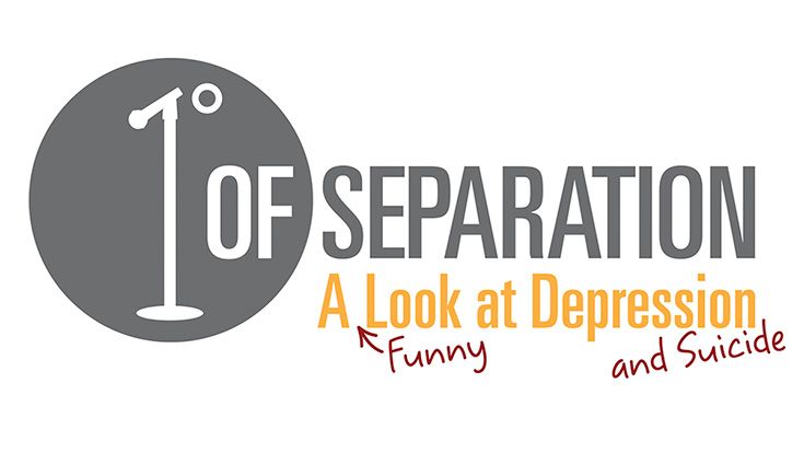 Logo with text: One Degree of Separation - A Funny Look at Depression and Suicide